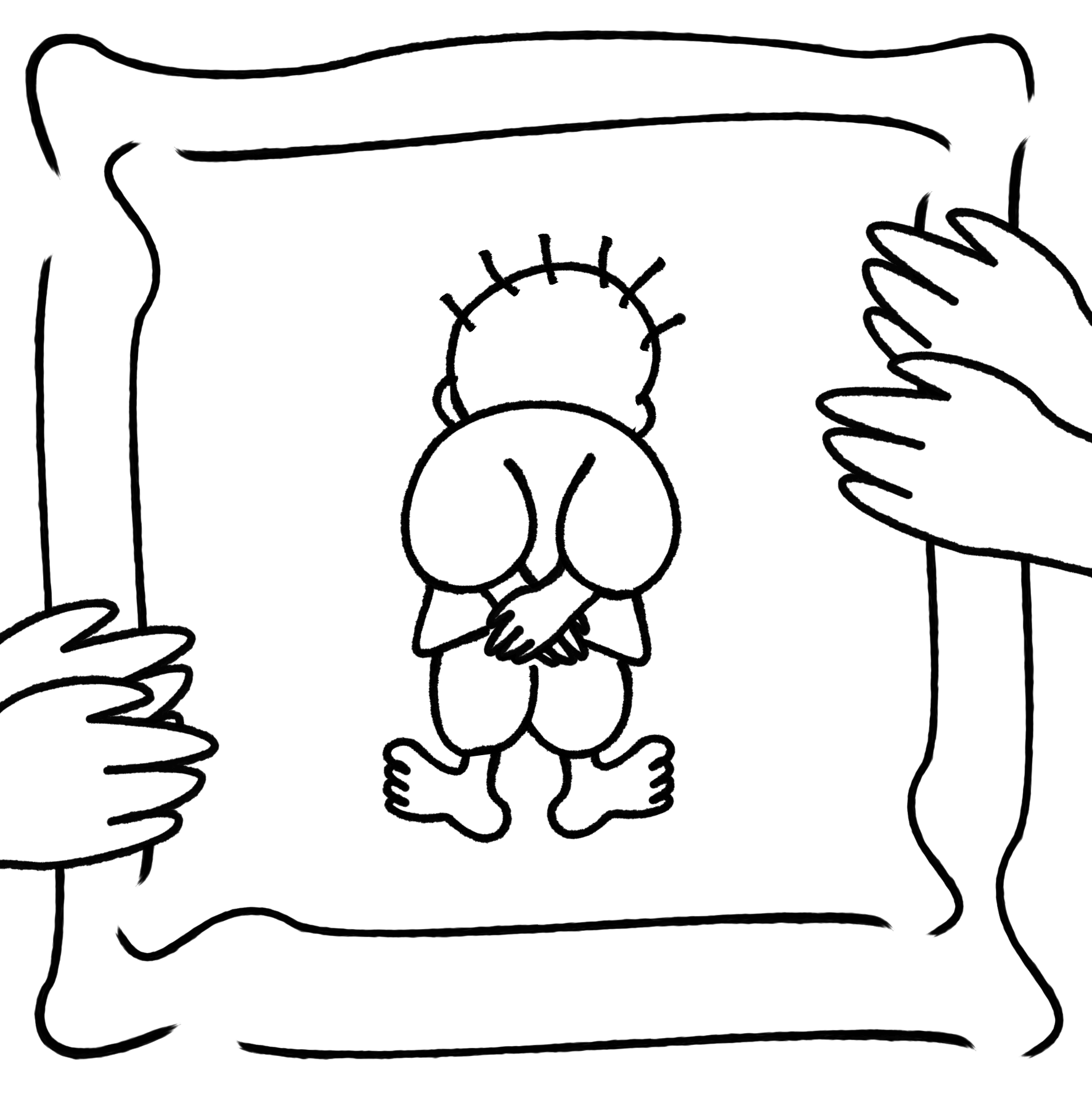 Handala in a frame held by hands