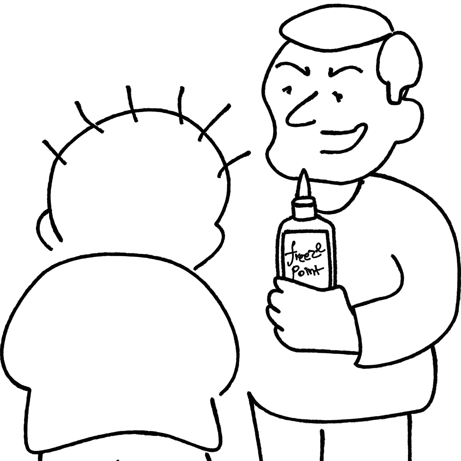A man holding Freeze Point glue behind Handala