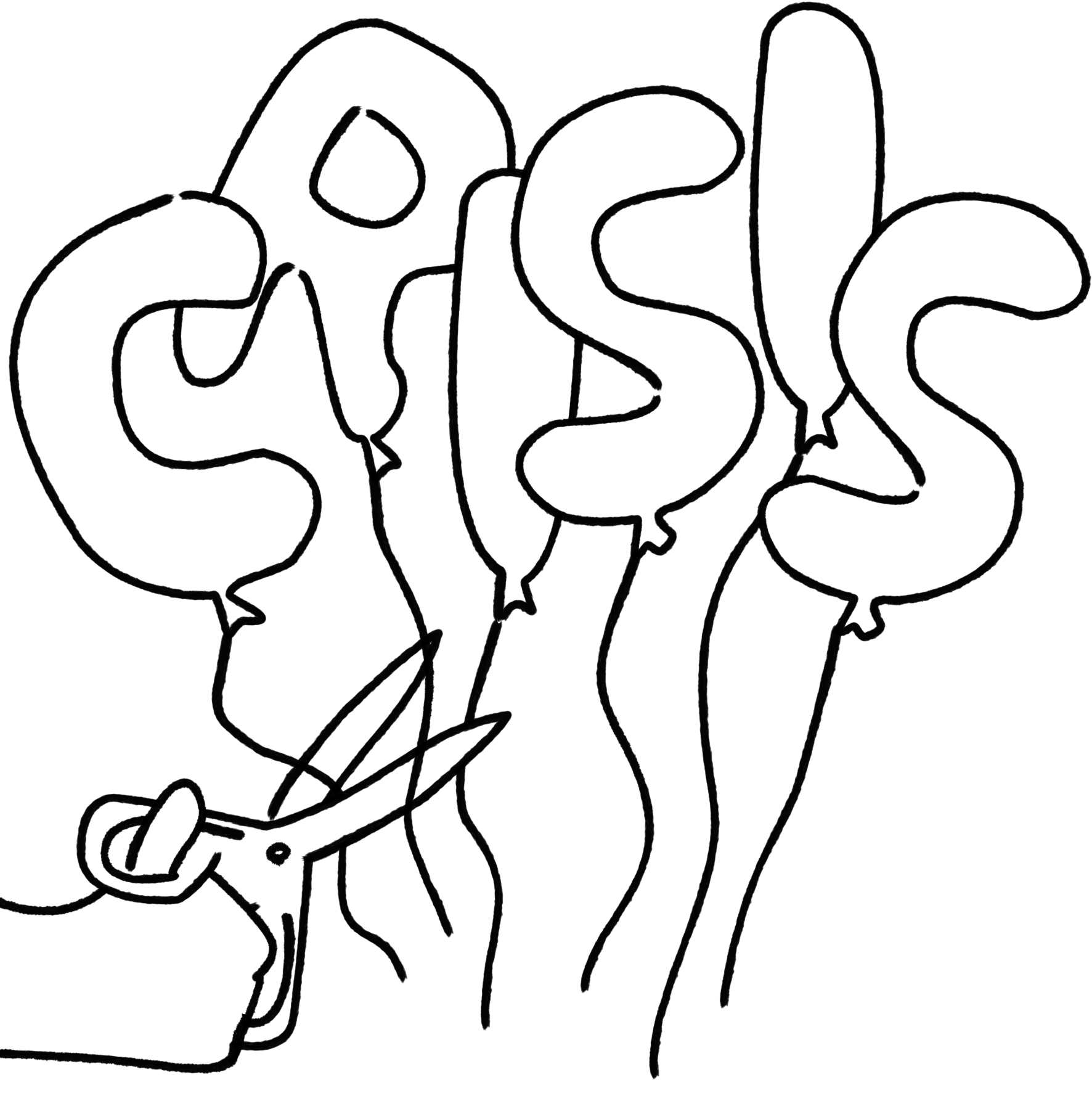 Scissors cutting the strings of CRISIS balloons