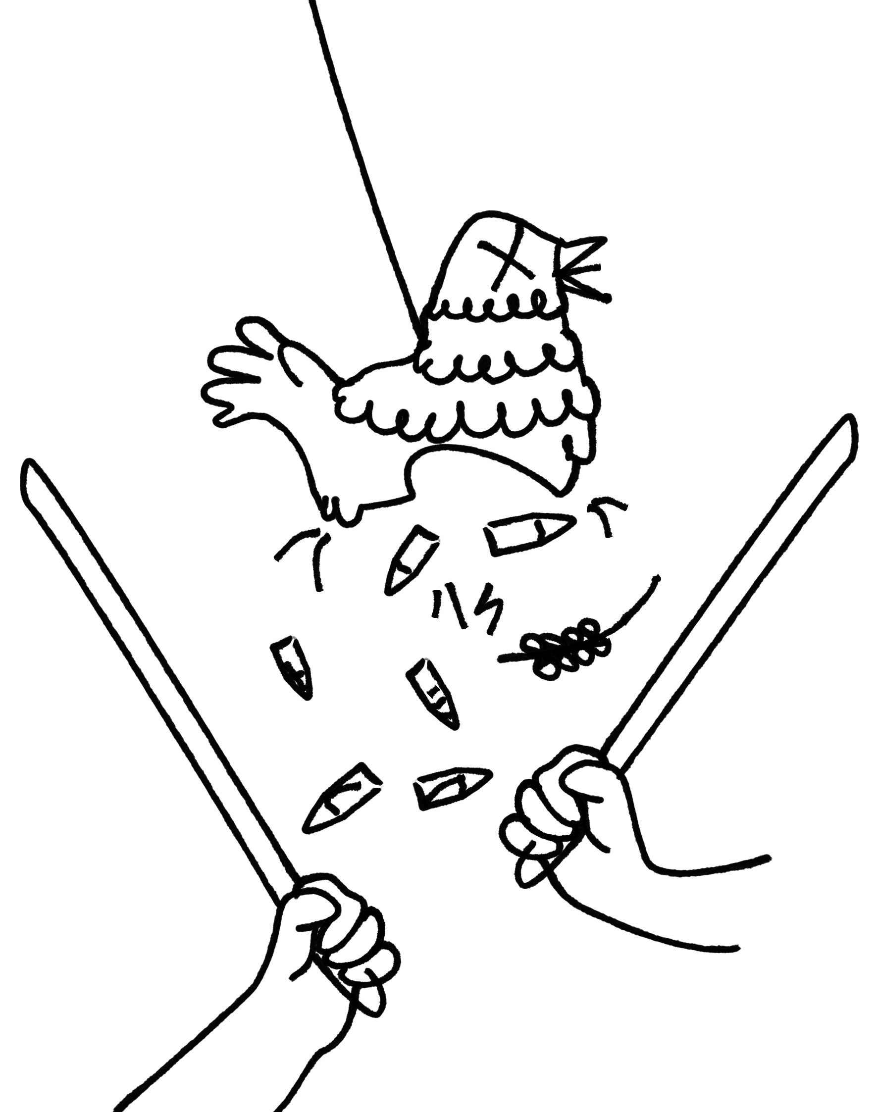 The piñata broken open by sticks