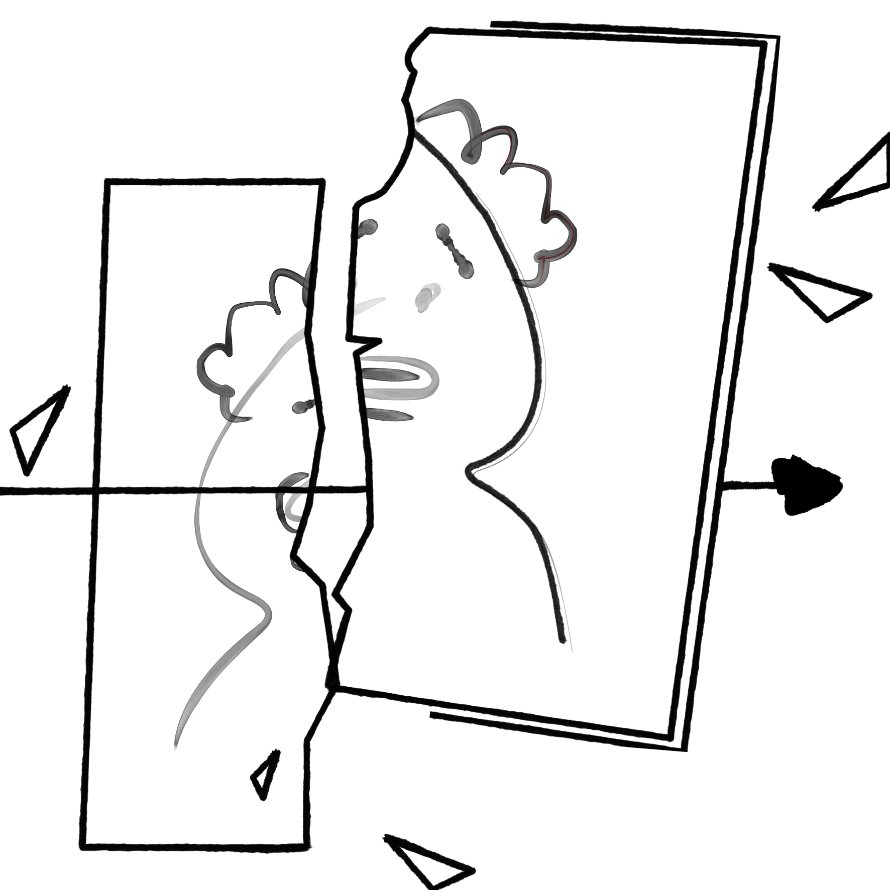 Two framed faces pierced by an arrow